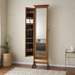 A full-length mirror that opens to reveal hidden shelves and compartments, filled with various jewelry, accessories, and toiletries