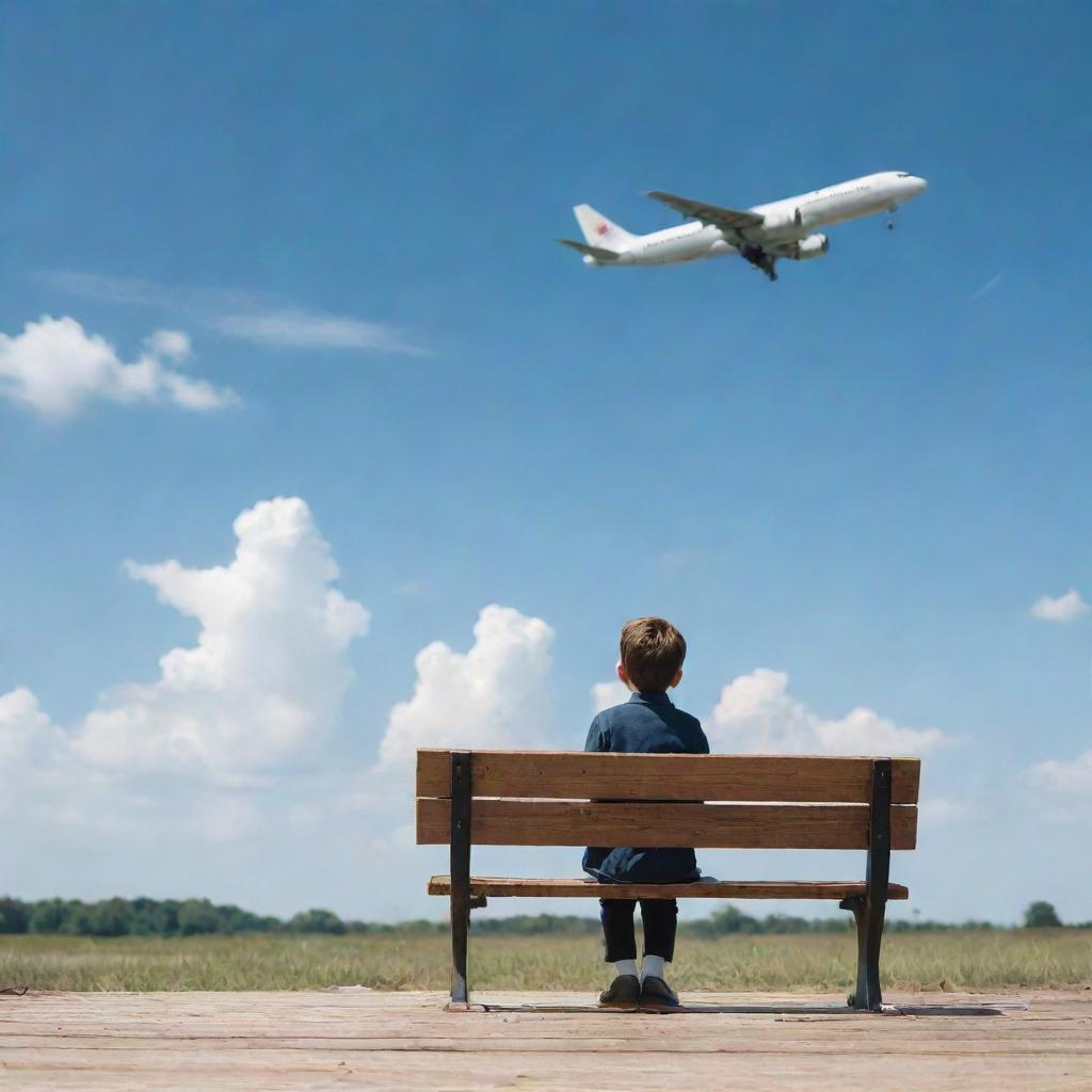 A young boy sitting on a wooden bench under the vast open sky, watching an airplane flying above with a look of curiosity on his face.