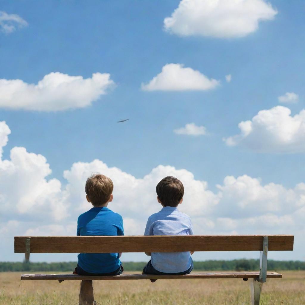 A young boy sitting on a wooden bench under the vast open sky, watching an airplane flying above with a look of curiosity on his face.