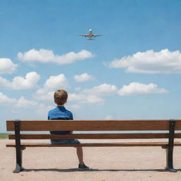 A young boy sitting on a wooden bench under the vast open sky, watching an airplane flying above with a look of curiosity on his face.