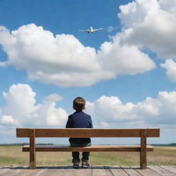 A young boy sitting on a wooden bench under the vast open sky, watching an airplane flying above with a look of curiosity on his face.