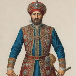 A detailed and visually thrilling depiction of a Janissary - a member of an elite military troop in the Ottoman Empire, wearing typical 15th-century regalia. Include intricate designs on his uniform and headgear.