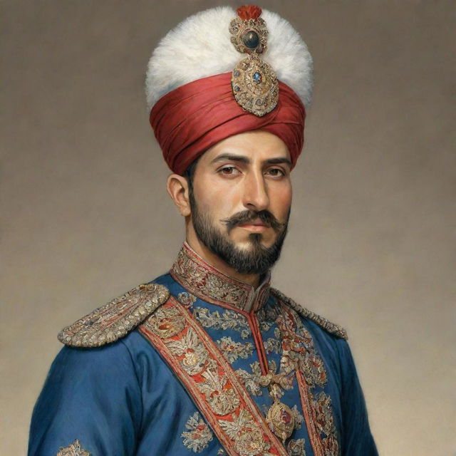 A detailed and visually thrilling depiction of a Janissary - a member of an elite military troop in the Ottoman Empire, wearing typical 15th-century regalia. Include intricate designs on his uniform and headgear.