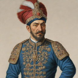 A detailed and visually thrilling depiction of a Janissary - a member of an elite military troop in the Ottoman Empire, wearing typical 15th-century regalia. Include intricate designs on his uniform and headgear.