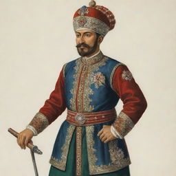 A detailed and visually thrilling depiction of a Janissary - a member of an elite military troop in the Ottoman Empire, wearing typical 15th-century regalia. Include intricate designs on his uniform and headgear.