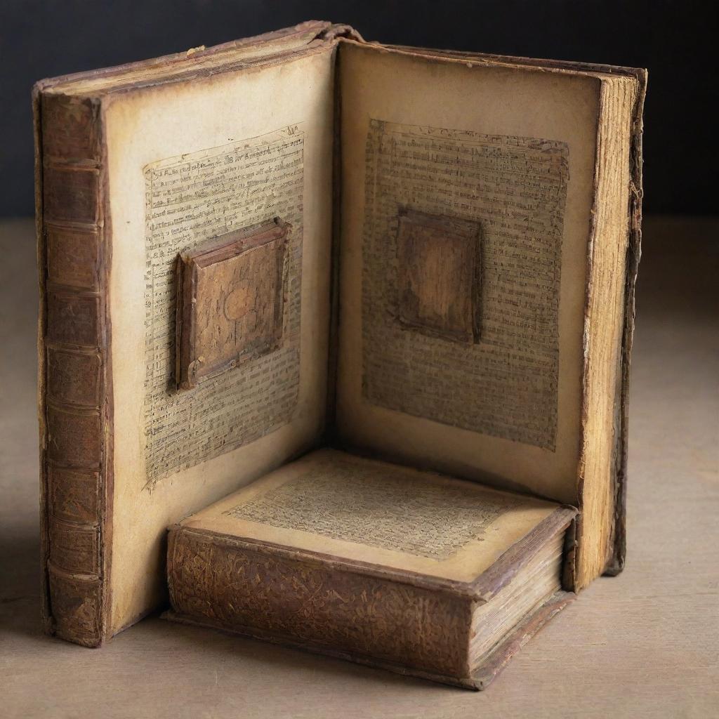 An antique, texture-rich book, its pages skillfully hollowed out to reveal a hidden storage compartment, filled with various quaint and unexpected small items.