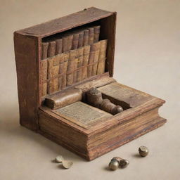 An antique, texture-rich book, its pages skillfully hollowed out to reveal a hidden storage compartment, filled with various quaint and unexpected small items.