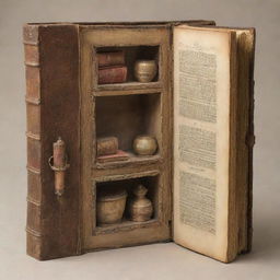 An antique, texture-rich book, its pages skillfully hollowed out to reveal a hidden storage compartment, filled with various quaint and unexpected small items.