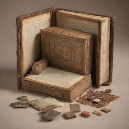 An antique, texture-rich book, its pages skillfully hollowed out to reveal a hidden storage compartment, filled with various quaint and unexpected small items.