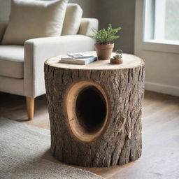 A rustic hollowed-out tree trunk, repurposed as a unique side table with hidden storage, adding a touch of earthy, nature-inspired aesthetic to a modern living space.