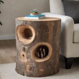 A rustic hollowed-out tree trunk, repurposed as a unique side table with hidden storage, adding a touch of earthy, nature-inspired aesthetic to a modern living space.