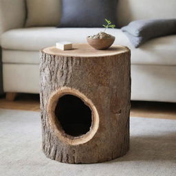 A rustic hollowed-out tree trunk, repurposed as a unique side table with hidden storage, adding a touch of earthy, nature-inspired aesthetic to a modern living space.