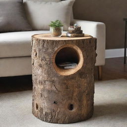 A rustic hollowed-out tree trunk, repurposed as a unique side table with hidden storage, adding a touch of earthy, nature-inspired aesthetic to a modern living space.