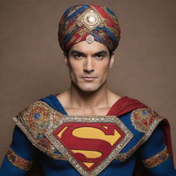 Superman dressed in a traditional Indian attire with rich colorful patterns, bejeweled turban, and holding a shield with the symbol 'S' embroidered in gold