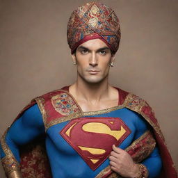 Superman dressed in a traditional Indian attire with rich colorful patterns, bejeweled turban, and holding a shield with the symbol 'S' embroidered in gold