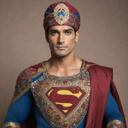 Superman dressed in a traditional Indian attire with rich colorful patterns, bejeweled turban, and holding a shield with the symbol 'S' embroidered in gold