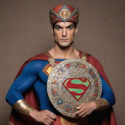 Superman dressed in a traditional Indian attire with rich colorful patterns, bejeweled turban, and holding a shield with the symbol 'S' embroidered in gold