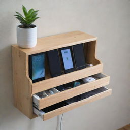 A DIY wall-mounted charging station with organized compartments for devices and cables, giving it a tidy and accessible look.