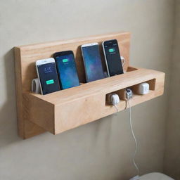 A DIY wall-mounted charging station with organized compartments for devices and cables, giving it a tidy and accessible look.