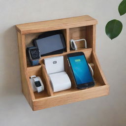 A DIY wall-mounted charging station with organized compartments for devices and cables, giving it a tidy and accessible look.