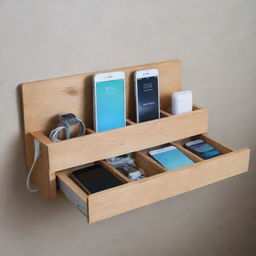 A DIY wall-mounted charging station with organized compartments for devices and cables, giving it a tidy and accessible look.