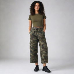 A person dressed in regular casual clothes on the upper body, contrasted with a pair of camouflage-patterned trousers or skirt on the lower body