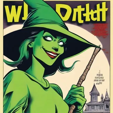 The comic book featured a wicked witch with green skin, a crooked nose, and a broomstick.
