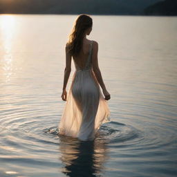 A graceful woman in an elegant dress, captured walking through crystalline water under the soft light of an evening sun.