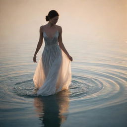 A graceful woman in an elegant dress, captured walking through crystalline water under the soft light of an evening sun.