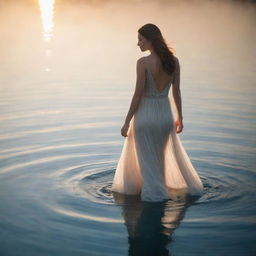 A graceful woman in an elegant dress, captured walking through crystalline water under the soft light of an evening sun.