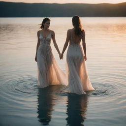 A graceful woman in an elegant dress, captured walking through crystalline water under the soft light of an evening sun.