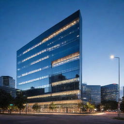 A high-tech building with sleek glass and metal materials, glowing LED lights, and futuristic architecture