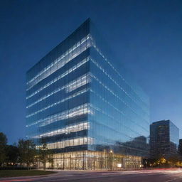 A high-tech building with sleek glass and metal materials, glowing LED lights, and futuristic architecture