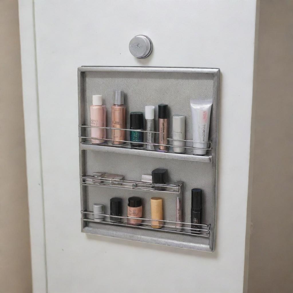 A magnetic strip attached to the inside of a bathroom cabinet door, neatly holding metal makeup items for an organized, space-saving storage solution.