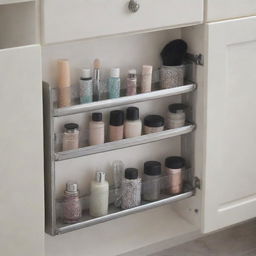 A magnetic strip attached to the inside of a bathroom cabinet door, neatly holding metal makeup items for an organized, space-saving storage solution.