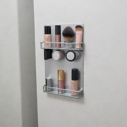 A magnetic strip attached to the inside of a bathroom cabinet door, neatly holding metal makeup items for an organized, space-saving storage solution.