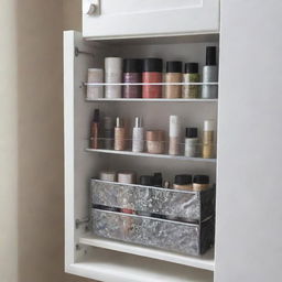 A magnetic strip attached to the inside of a bathroom cabinet door, neatly holding metal makeup items for an organized, space-saving storage solution.