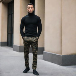 A fashionable man wearing a fitted black turtleneck sweater, paired with trendy camouflage-patterned trousers