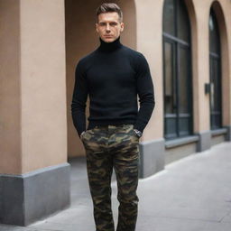 A fashionable man wearing a fitted black turtleneck sweater, paired with trendy camouflage-patterned trousers