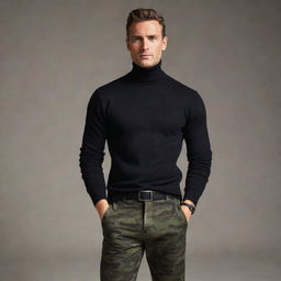 A fashionable man wearing a fitted black turtleneck sweater, paired with trendy camouflage-patterned trousers