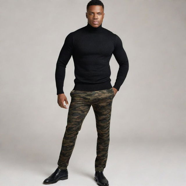 A fashionable man wearing a fitted black turtleneck sweater, paired with trendy camouflage-patterned trousers