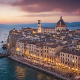 Generate an image of a vibrant Italian cityscape at sunset with gothic architecture. It's bustling with locals and tourists, cafes serving espresso and gelato, with a view of the sea in the background.