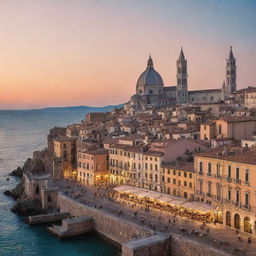 Generate an image of a vibrant Italian cityscape at sunset with gothic architecture. It's bustling with locals and tourists, cafes serving espresso and gelato, with a view of the sea in the background.