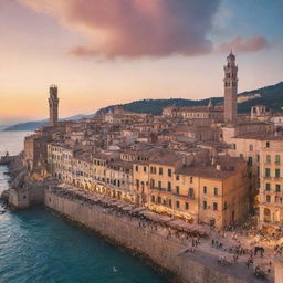 Generate an image of a vibrant Italian cityscape at sunset with gothic architecture. It's bustling with locals and tourists, cafes serving espresso and gelato, with a view of the sea in the background.