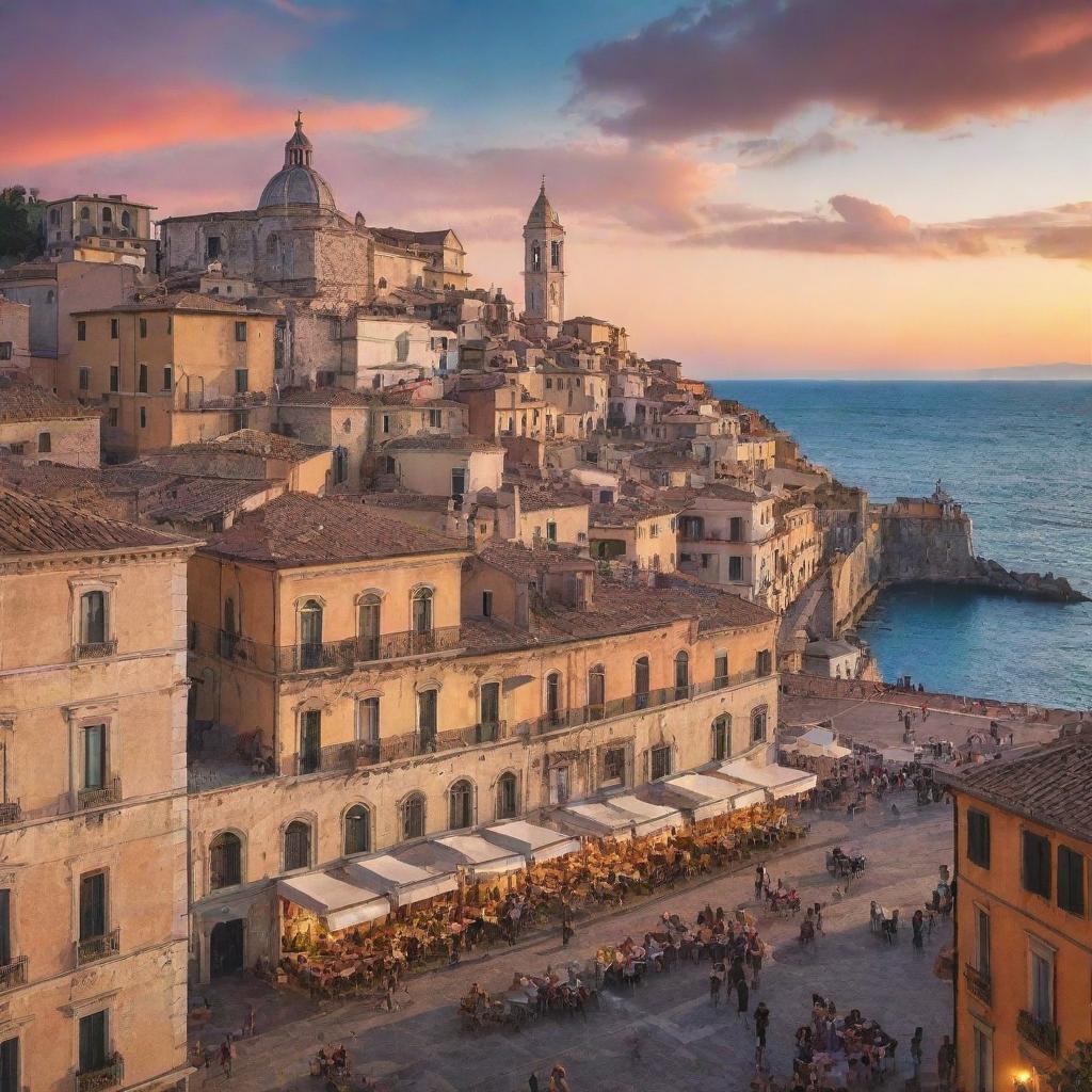 Generate an image of a vibrant Italian cityscape at sunset with gothic architecture. It's bustling with locals and tourists, cafes serving espresso and gelato, with a view of the sea in the background.