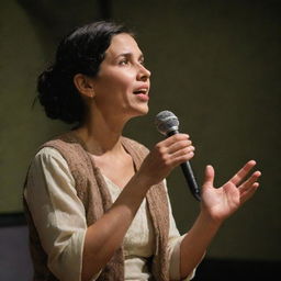 A serene storyteller narrating passionately to an engaged and fascinated audience, demonstrating curiosity and concentration.