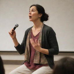 A serene storyteller narrating passionately to an engaged and fascinated audience, demonstrating curiosity and concentration.