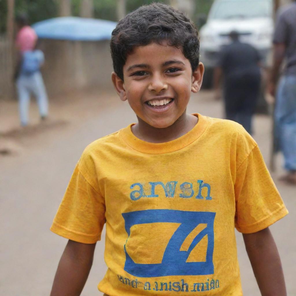 A cheerful young boy wearing a vibrant T-shirt emblazoned with the name 'Anish'.