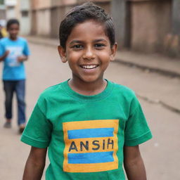 A cheerful young boy wearing a vibrant T-shirt emblazoned with the name 'Anish'.