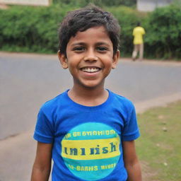 A cheerful young boy wearing a vibrant T-shirt emblazoned with the name 'Anish'.